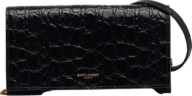 Saint Laurent Croc Embossed Leather Wallet On Chain Zwart
