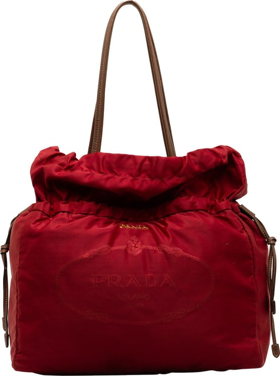 Prada Logo Tessuto Drawstring Tote Bag Rood