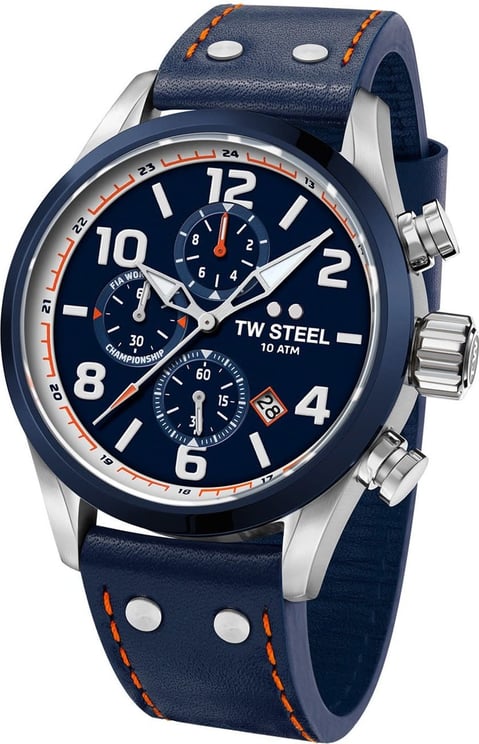 TW Steel TW Steel Horloge Heren VS90 Chronograaf Staal met Blauw Bezel en Leren Horlogeband Divers