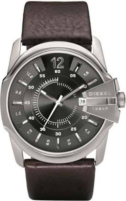 Diesel DZ1206 Horloge heren in staal met zwart leren band en sunray zwart/grijze wijzerplaat Divers