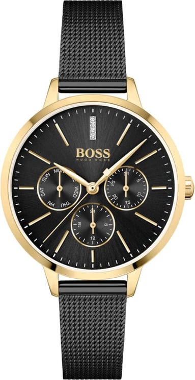 Hugo Boss BOSS Horloge Dames HB1502601 Staal Goudkleurig me Zwarte Band Chronograaf 38mm Divers