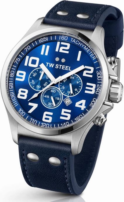 TW Steel TW Steel Horloge Heren TW403 Chronograaf Pilot in Staal 48mm met Blauwe wijzerplaat en Blauw Leren horlogeband Divers