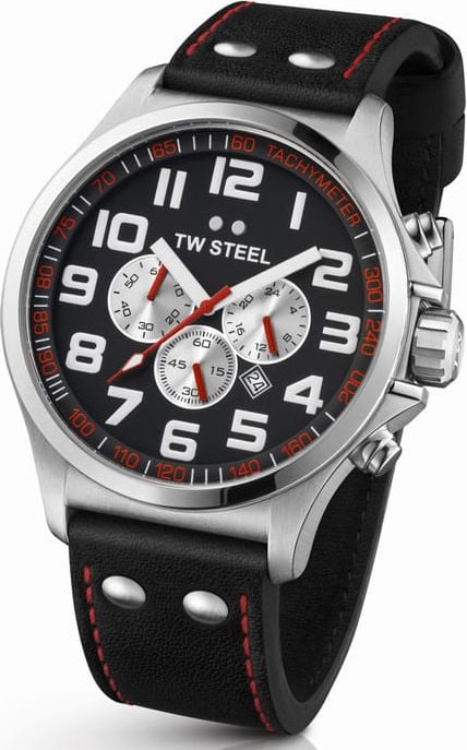 TW Steel TW Steel Horloge Heren TW415 Staal Chronograaf 48mm met Zwarte Wijzerplaat en Leren Horlogeband Divers
