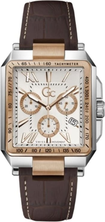 GC GC Heren Horloge Z06002G1MF Staal Bi-color Swiss Made Quartz Vierkant met Bruin Leren Horlogeband Divers