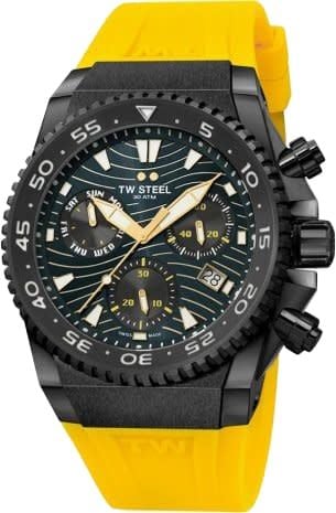 TW Steel TW Steel Horloge Heren ACE414 Diver Collection met Zwart Plating en Gele Siliconen Horlogeband 44mm Divers