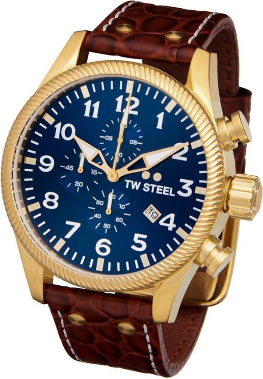 TW Steel TW Steel Horloge Heren VS114 Geelgoud Plating Kast en Donkerblauwe Wijzerplaat en Bruine Croco Horlogeband Divers