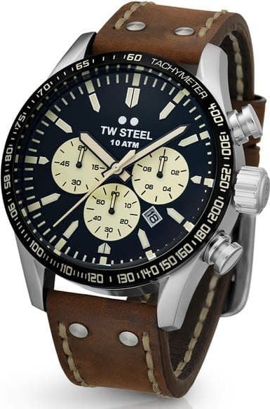 TW Steel TW Steel Horloge Heren VS120 Staal Chronograaf met Zwarte Wijzerplaat en Bruine Leren Horlogeband Divers