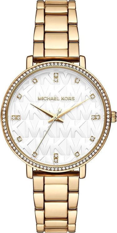 Michael Kors Michael Kors MK4666 horloge dames staal goldplated met idem band witte wijzerplaat met MK logo afgezet met Swarovski steentjes Divers