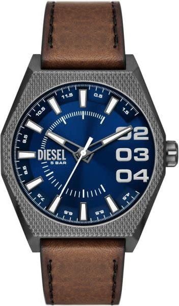 Diesel Diesel DZ2189 horloge heren staal 44 mm gunmetal plated met sunray blauwe wijzerplaat en stalen indexen uitgevoerd met robuuste bruine band Divers
