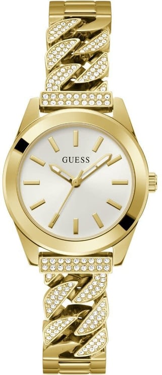 Guess Guess Dames Horloge GW0546L2 Staal met Geelgouden Plating en Zilverkleurige Wijzerplaat en Zirkonia Divers