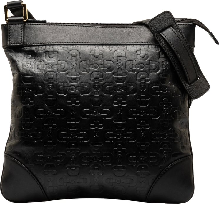 Gucci Embossed Leather Horsebit Crossbody Bag Zwart