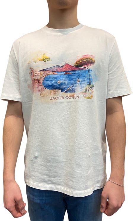 Jacob Cohen T-shirt blanc paysage mer Naples manches courtes Jacob Cohen Homme U40021MM4511A01 Wit