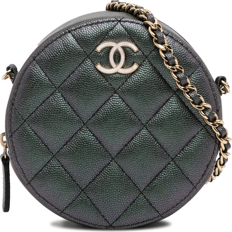 Chanel Quilted Iridescent Caviar Round Clutch With Chain Groen
