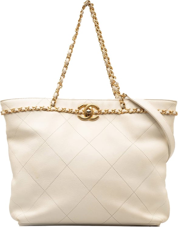 Chanel Quilted Calfskin CC Lock Chain Shopping Tote Wit