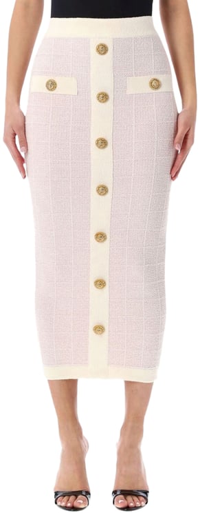 Balmain Long Buttoned Tweed Skirt Rosa