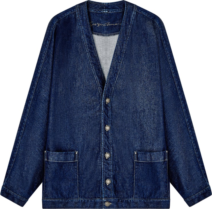 Giorgio Armani Indigo Denim V-Neck Metallic Button Jacket