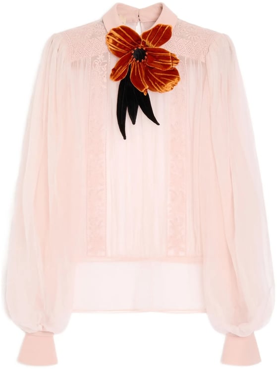 Valentino Neutral Sheer Velvet Floral Applique Blouse