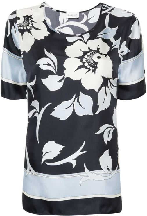 P.A.R.O.S.H. Floral Print Silk Short Sleeve Blouse