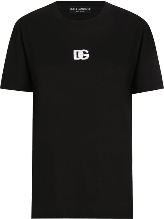 Dolce & Gabbana Black Jersey Cotton White Embroidered T-Shirt