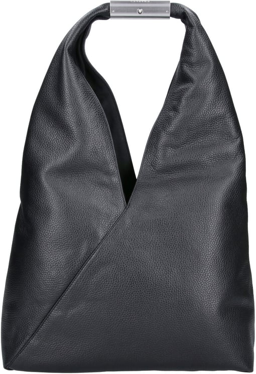 MM6 Maison Margiela Black Triangular Pebbled Leather Silver Handle Handbag