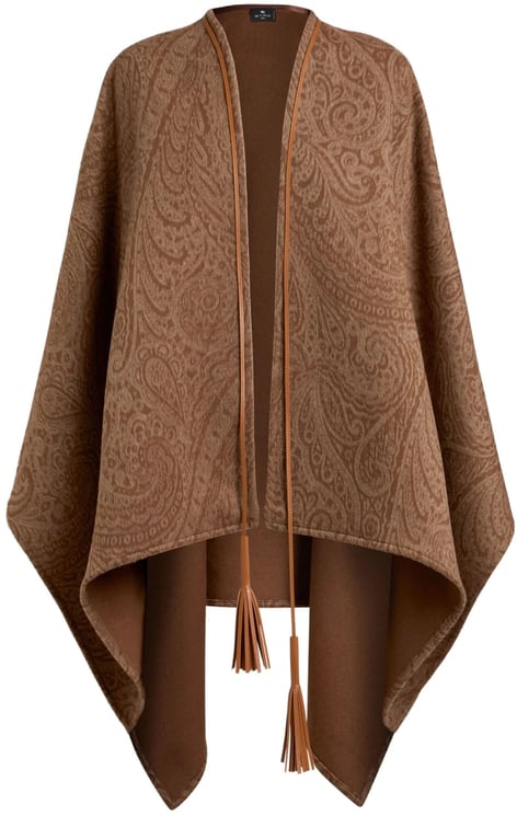 Etro Brown Paisley Pattern Cape with Leather Trim