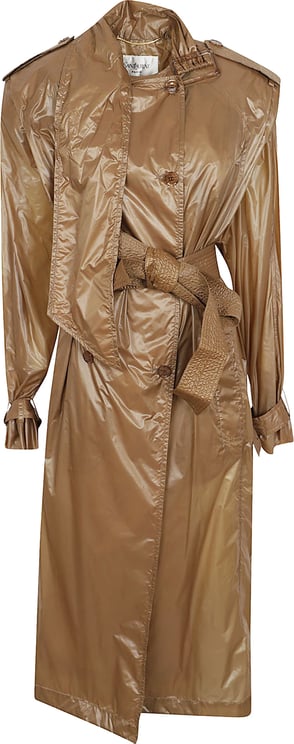 Saint Laurent Glossy Structured Coat with Padded Shoulders