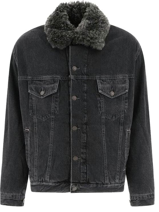 Acne Studios Washed Black Denim Jacket With Plush Collar And Tailored Fit
