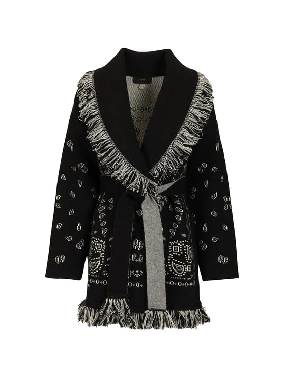 Alanui Fringed Bandana Jacquard Cardigan with Shawl Collar