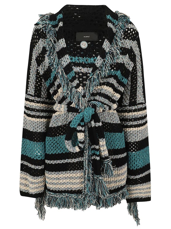 Alanui Chunky Knit Striped Cardigan with Fringed Trim