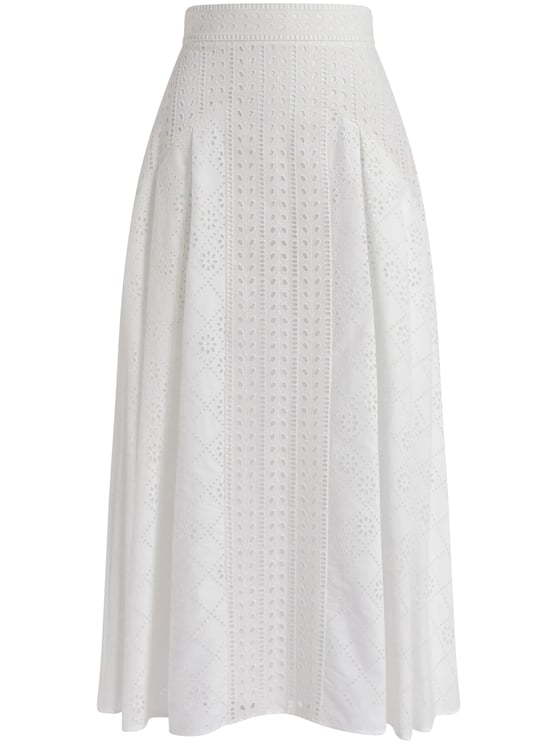 Alberta Ferretti Eyelet Embroidered White Midi Skirt with High Waistband