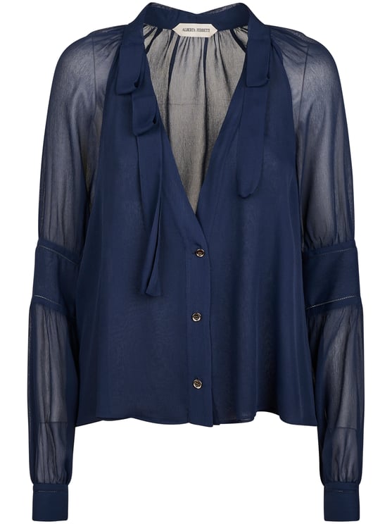 Alberta Ferretti Sheer Lightweight Blouse with Deep V-Neck
