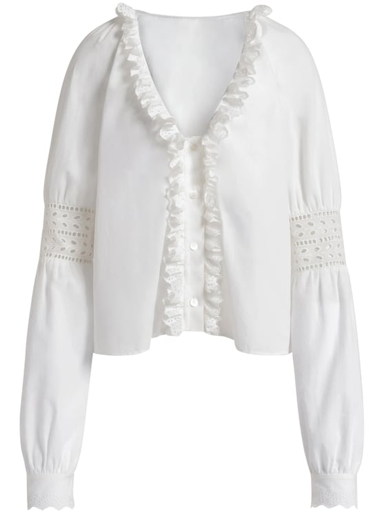 Alberta Ferretti Cropped White Blouse with Ruffled V-Neckline