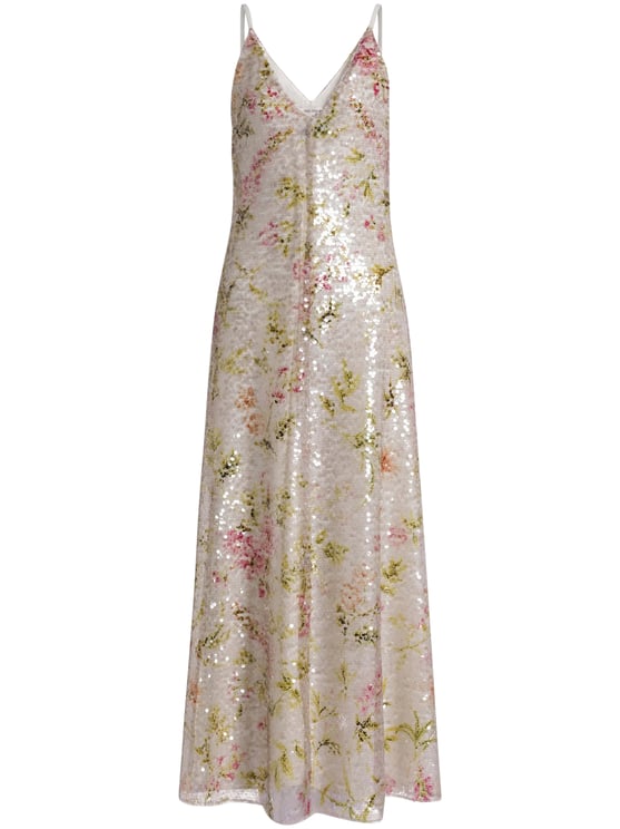 Alberta Ferretti Floral Sequined Maxi Dress with Spaghetti Straps