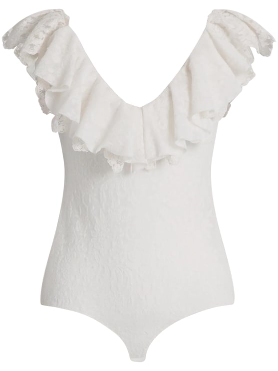 Alberta Ferretti Fitted V-Neck Bodysuit with Ruffled Lace Trim