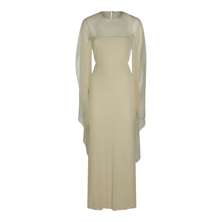 Alberta Ferretti Fitted Maxi Dress With Sheer Overlay And Flowing Sleeves