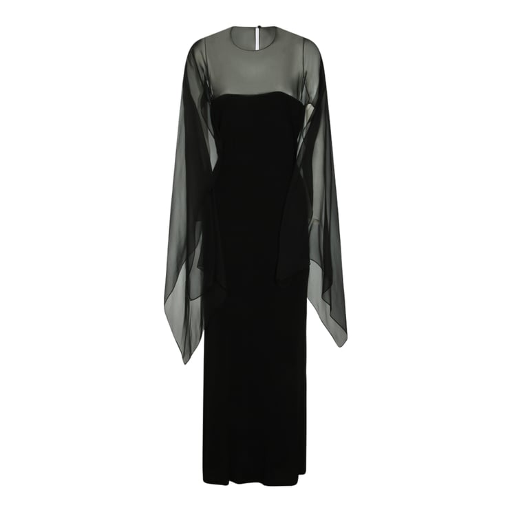 Alberta Ferretti Fitted Black Dress With Sheer Overlay And Flowing Sleeves