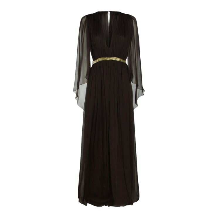 Alberta Ferretti Maxi Dress With Deep V-Neckline And Sheer Sleeves