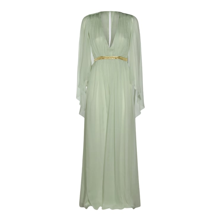 Alberta Ferretti Maxi Dress With Sheer Draped Sleeves And Gold Belt