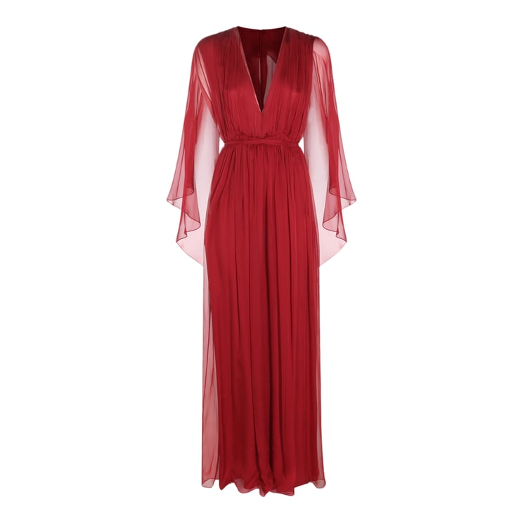 Alberta Ferretti Deep V-Neck Maxi Dress With Sheer Sleeves And Pleated Bodice