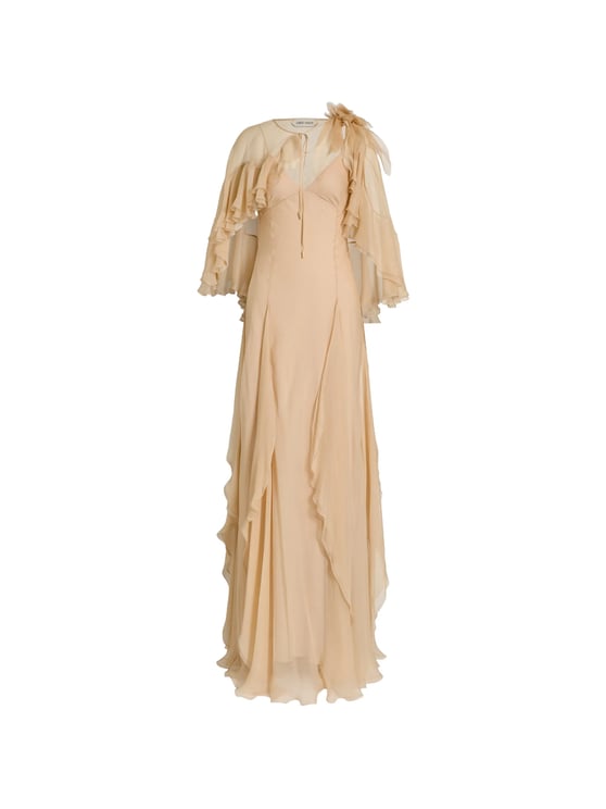 Alberta Ferretti Flowing Maxi Dress With Sheer Overlay And Ruffled Edges