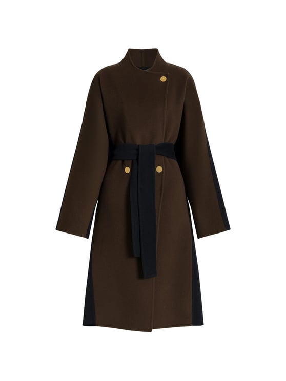 Alberta Ferretti Long Wool Coat with Wrap Design and Contrasting Belt
