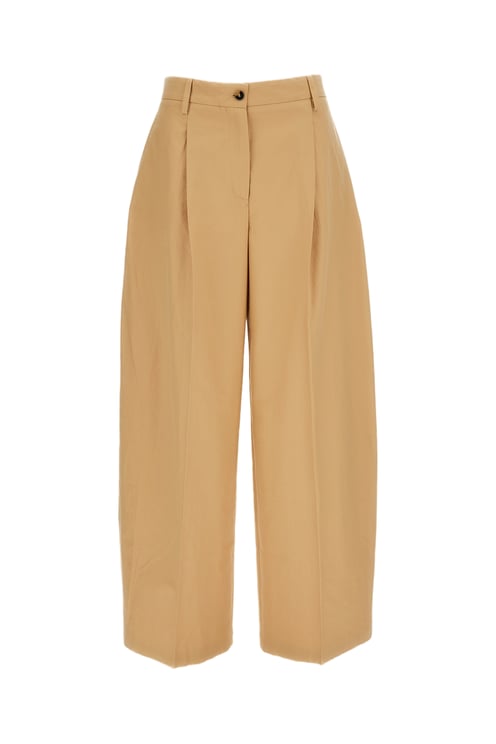 Alberto Biani Beige Cotton Front Pleat Wide-Leg Pants