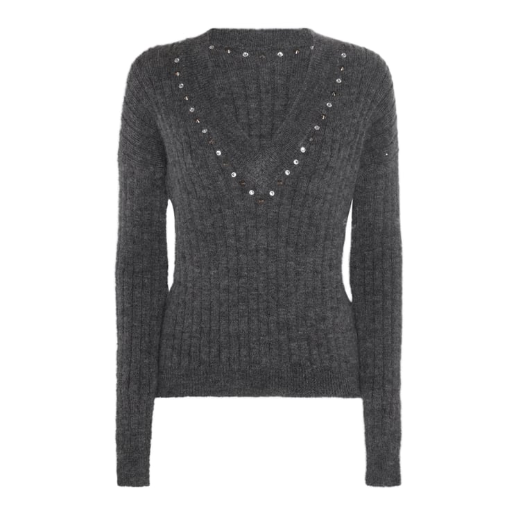 Alessandra Rich Deep V-Neck Ribbed Sweater With Metallic Stud Details