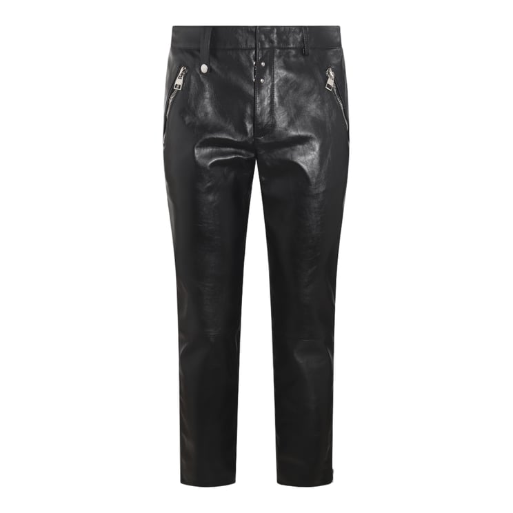 Alexander McQueen Slim Fit Black Leather Trousers With Zippered Pockets