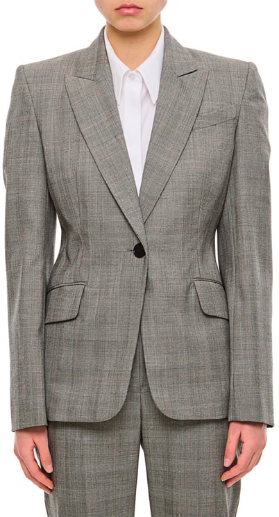 Alexander McQueen Single-Breasted Slim Fit Blazer with Padded Shoulders and Multicolor Check Pattern