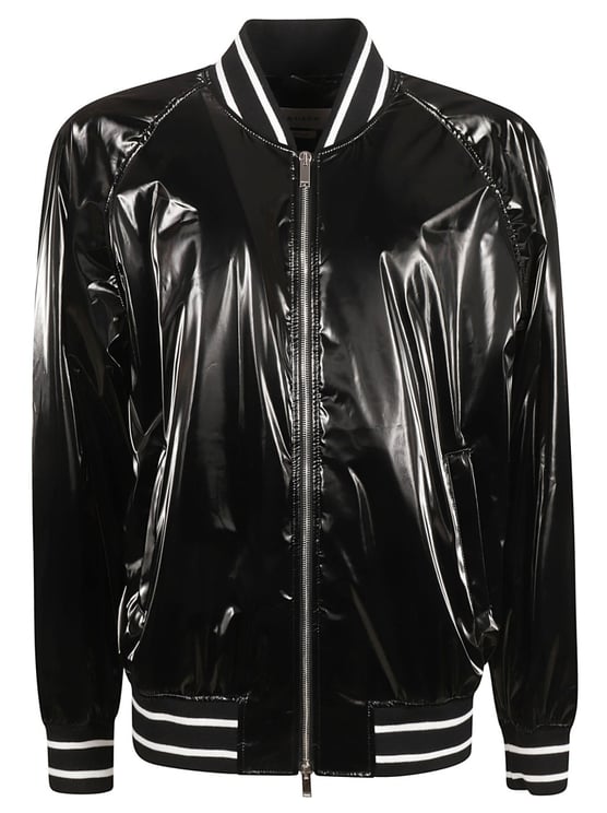 Alexander McQueen Glossy Black Bomber Jacket With Contrasting Stripes