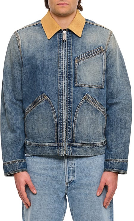 Alexander McQueen Denim Workwear Jacket With Distinctive Tan Collar And Multiple Pockets