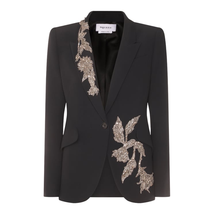 Alexander McQueen Tailored Black Jacket with Floral Embellishments