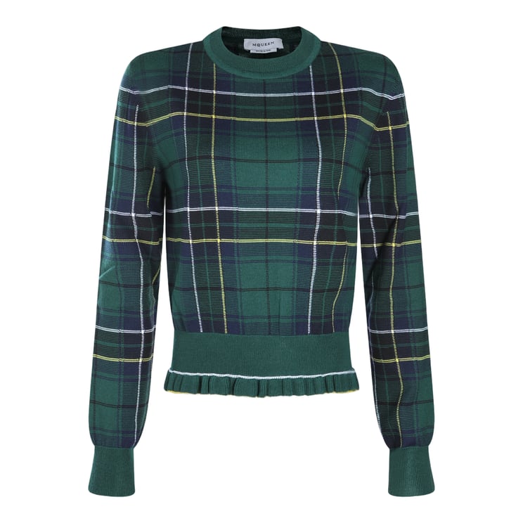 Alexander McQueen Plaid Knit Sweater with Ruffled Hem
