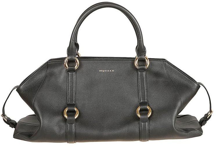 Alexander McQueen Elongated Black Calfskin Farringdon Bag With Gold Accents